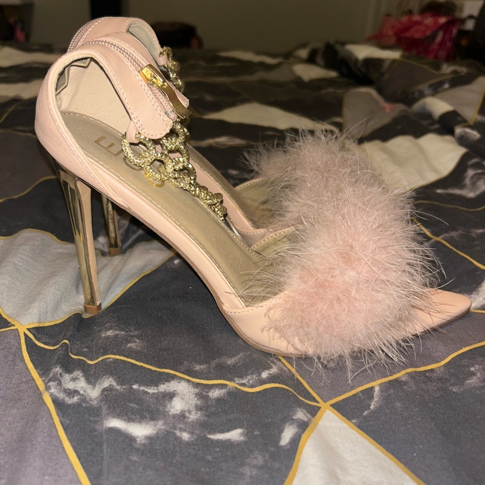 EGO Blush Pink Feathered Heels with Gold Accents